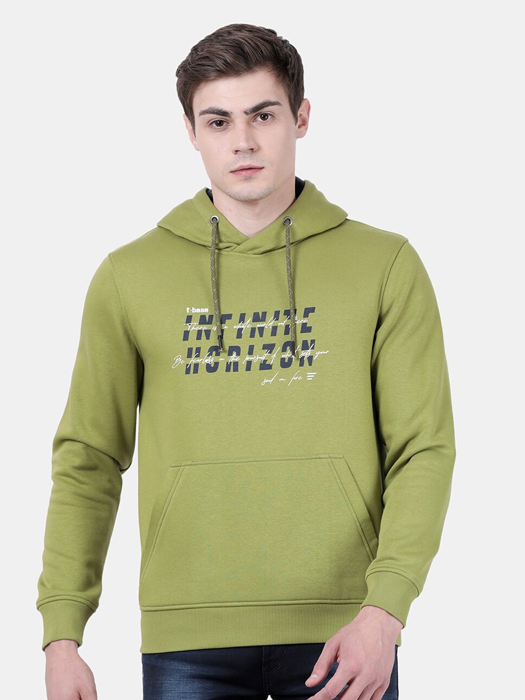 

t-base Men Green Printed Hooded Sweatshirt