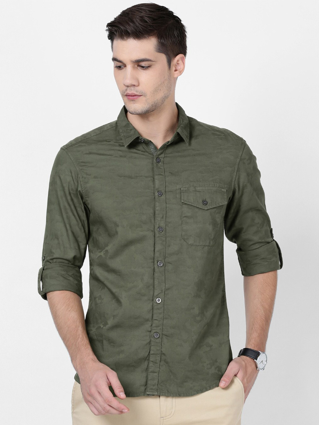 

t-base Men Green Self Design Cotton Casual Shirt