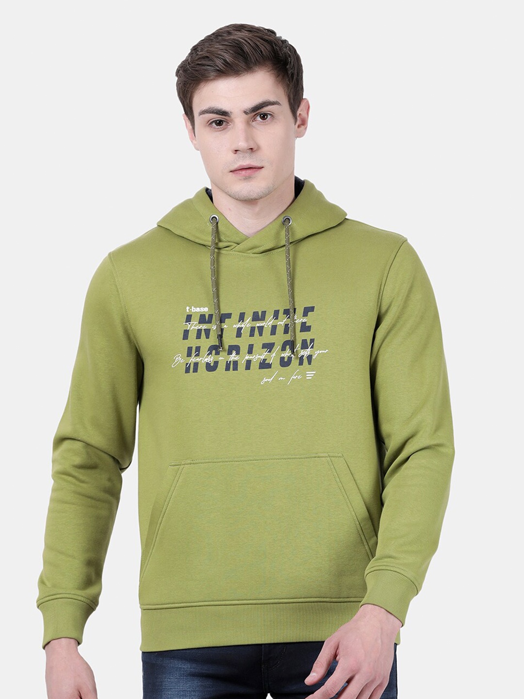 

t-base Men Olive Green Printed Hooded Sweatshirt