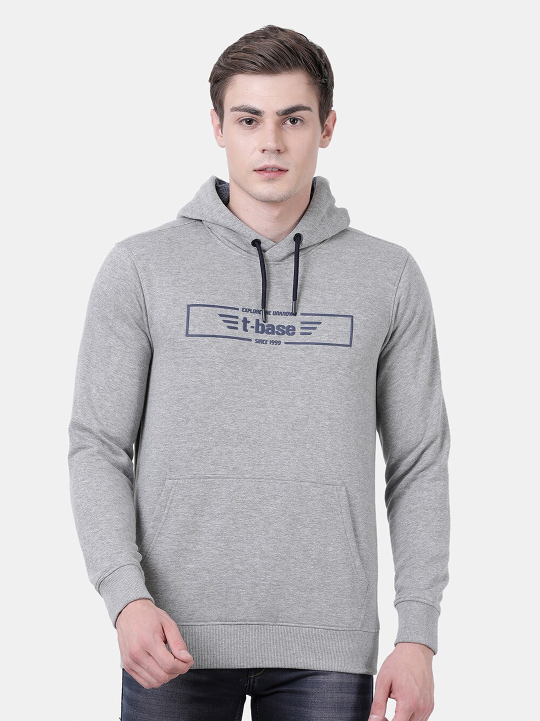

t-base Men Grey Printed Hooded Sweatshirt