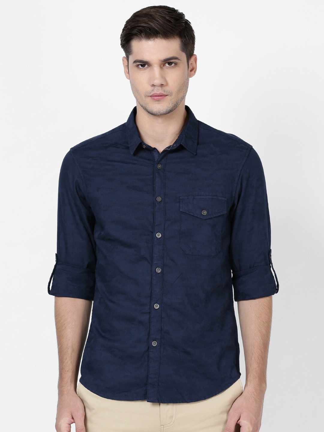 

t-base Men Blue Self Design Cotton Casual Shirt