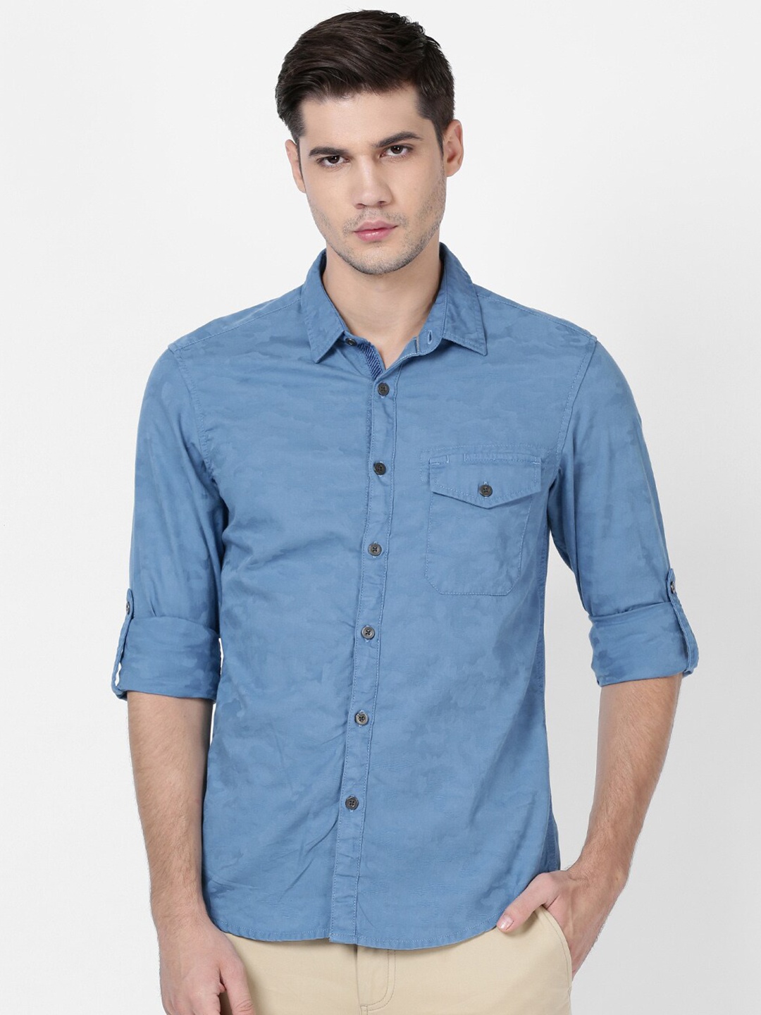 

t-base Men Blue Opaque Cotton Casual Shirt