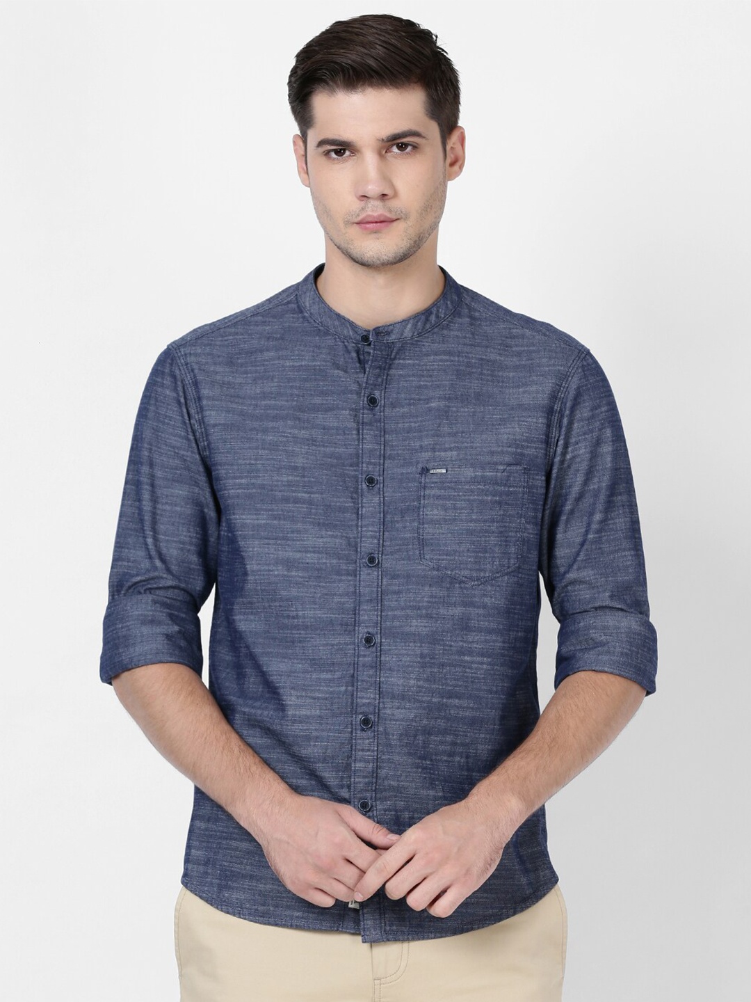 

t-base Men Blue Opaque Casual Shirt