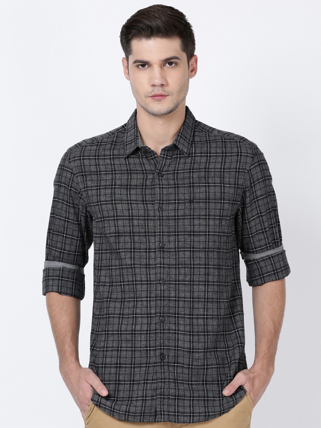 

t-base Men Charcoal Grey Checked Casual Shirt