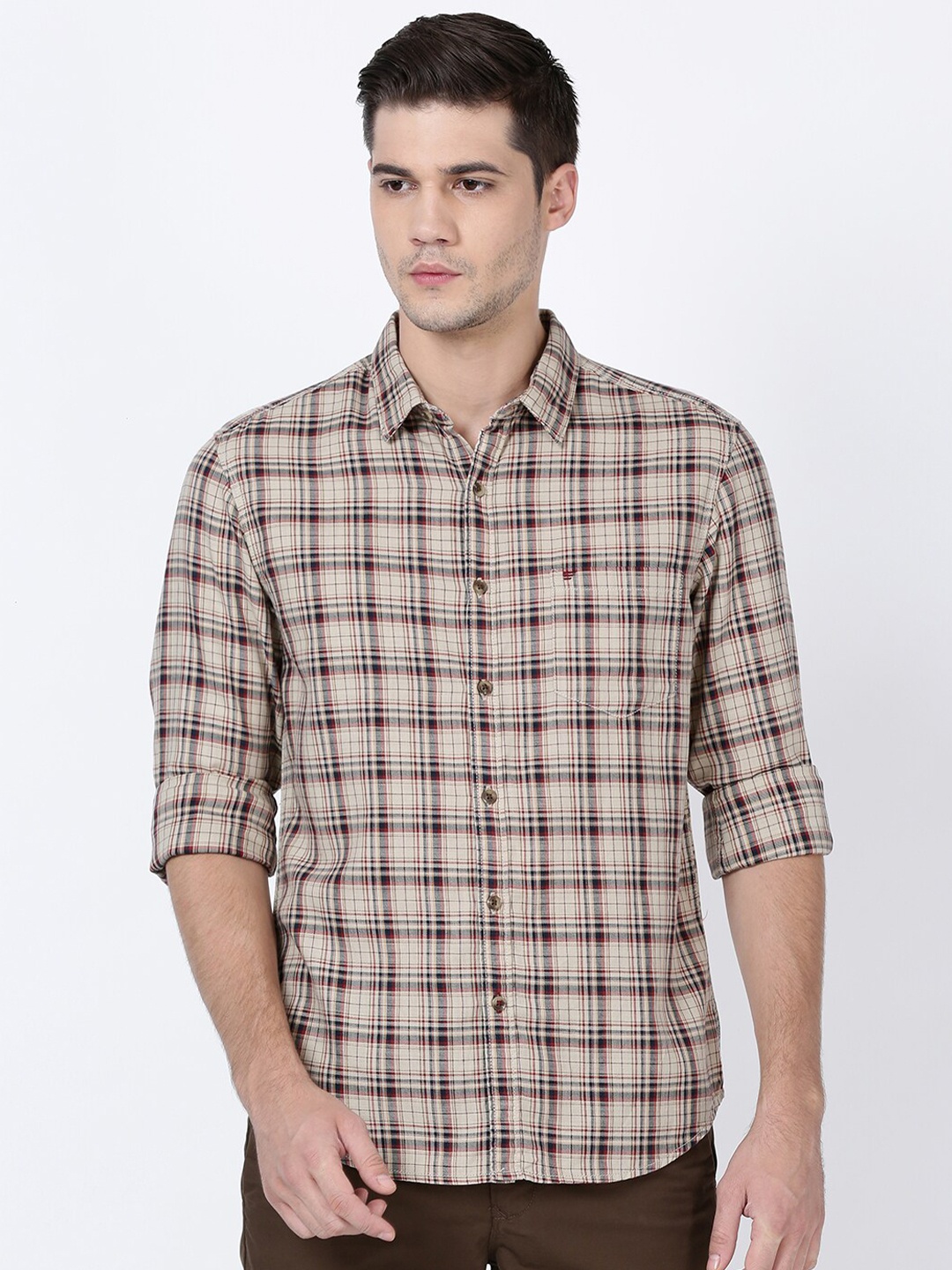 

t-base Men Beige Tartan Checks Checked Casual Shirt