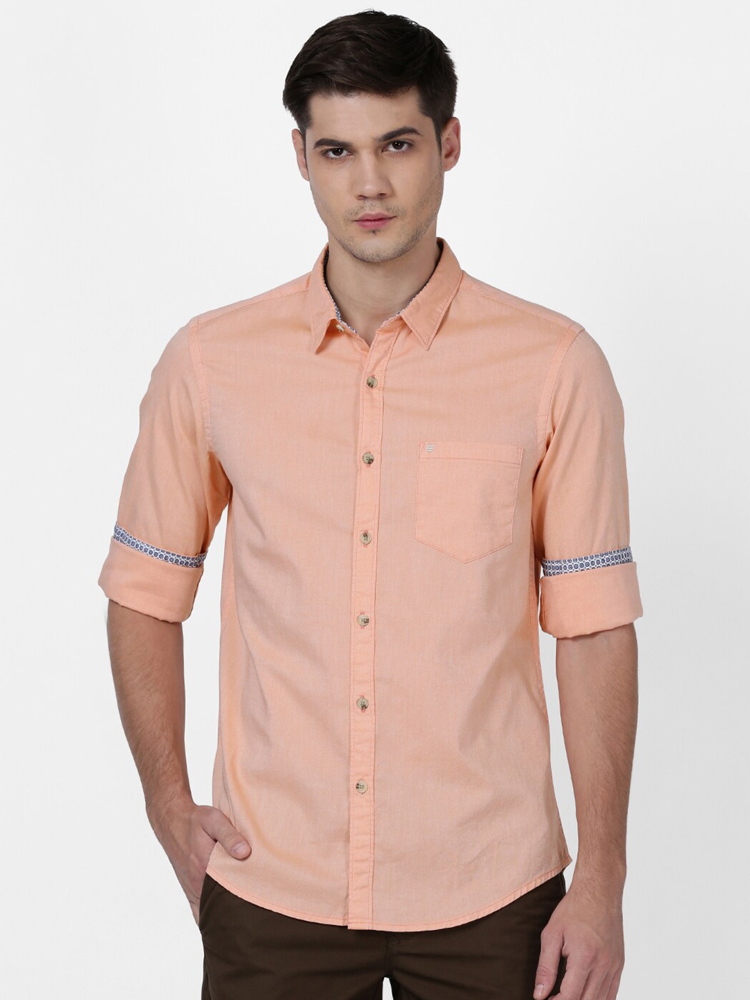 

t-base Men Orange Solid Regular Fit Cotton Casual Shirt