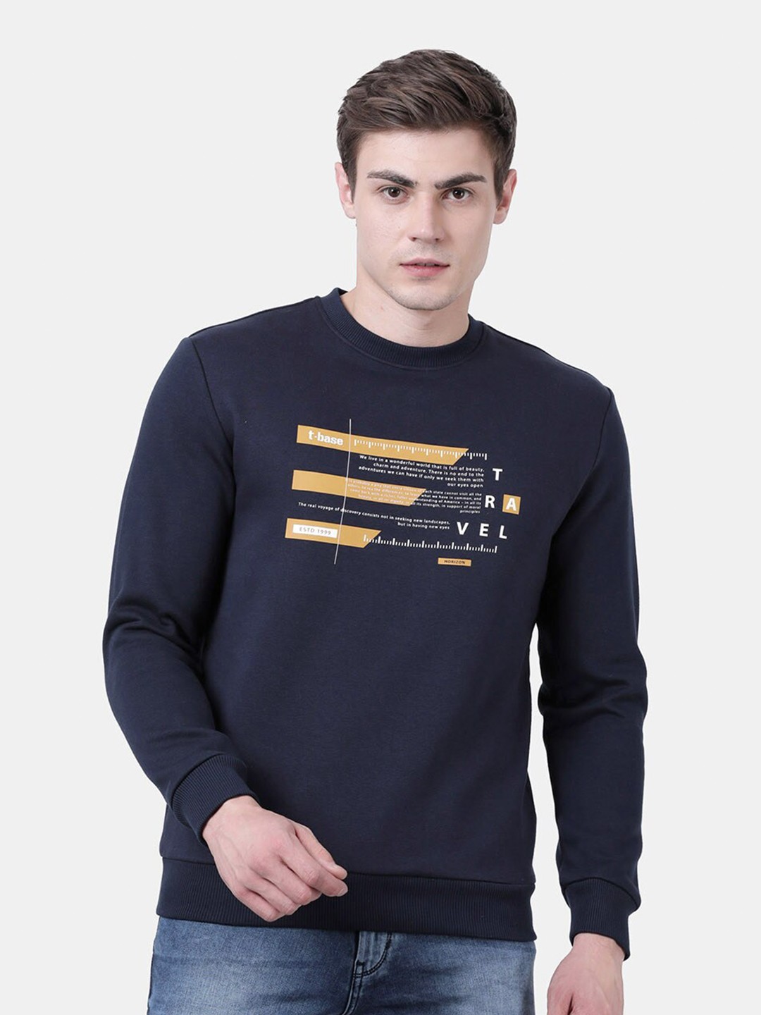

t-base Men Navy Blue & White Printed Sweatshirt