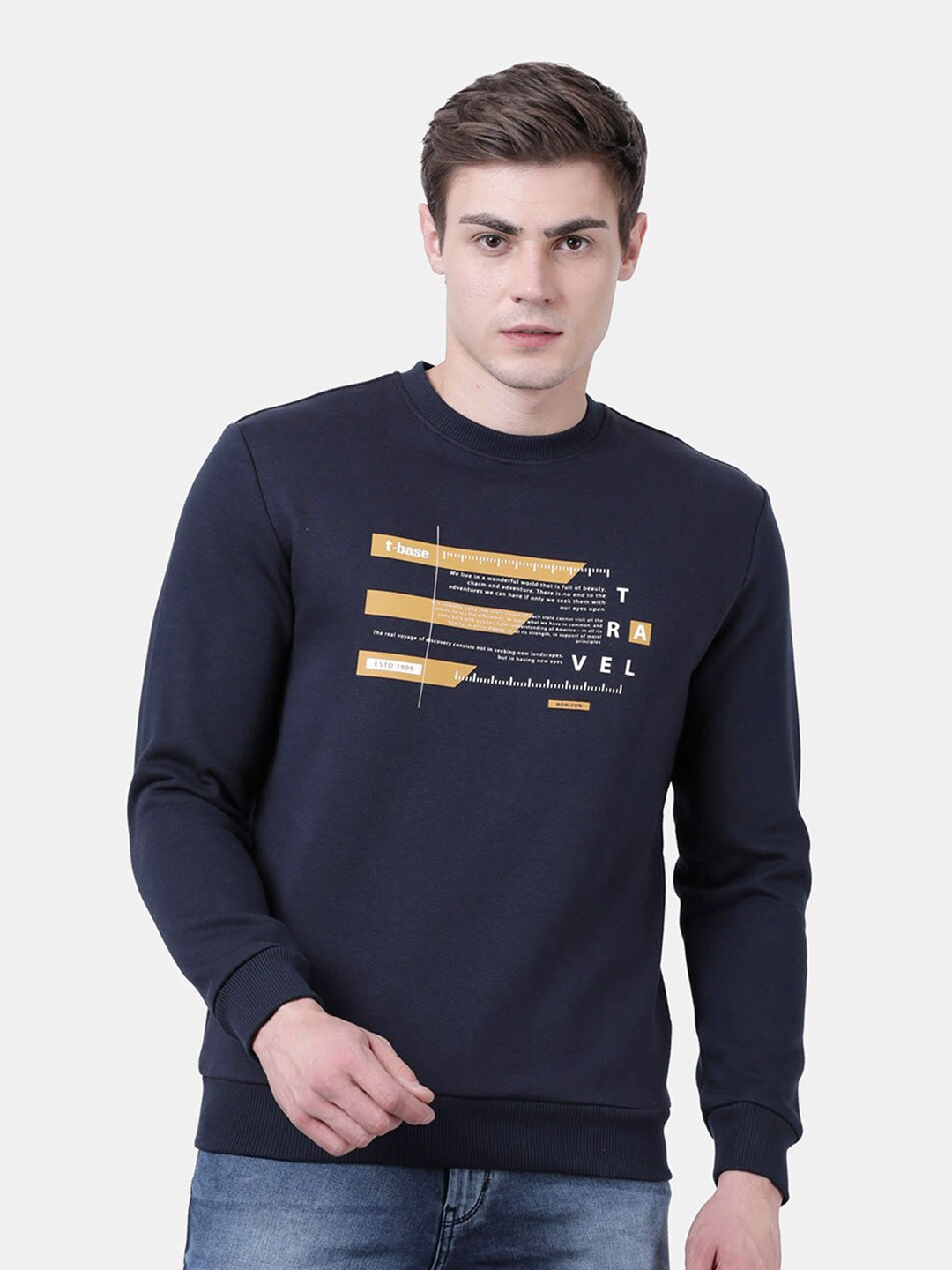 

t-base Men Navy Blue & White Printed Sweatshirt