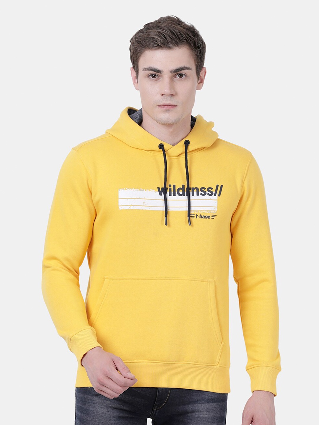 

t-base Men Yellow Printed Detachable Hood Sweatshirt