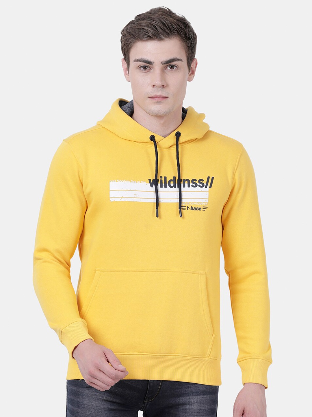 

t-base Men Yellow Printed Hooded Sweatshirt