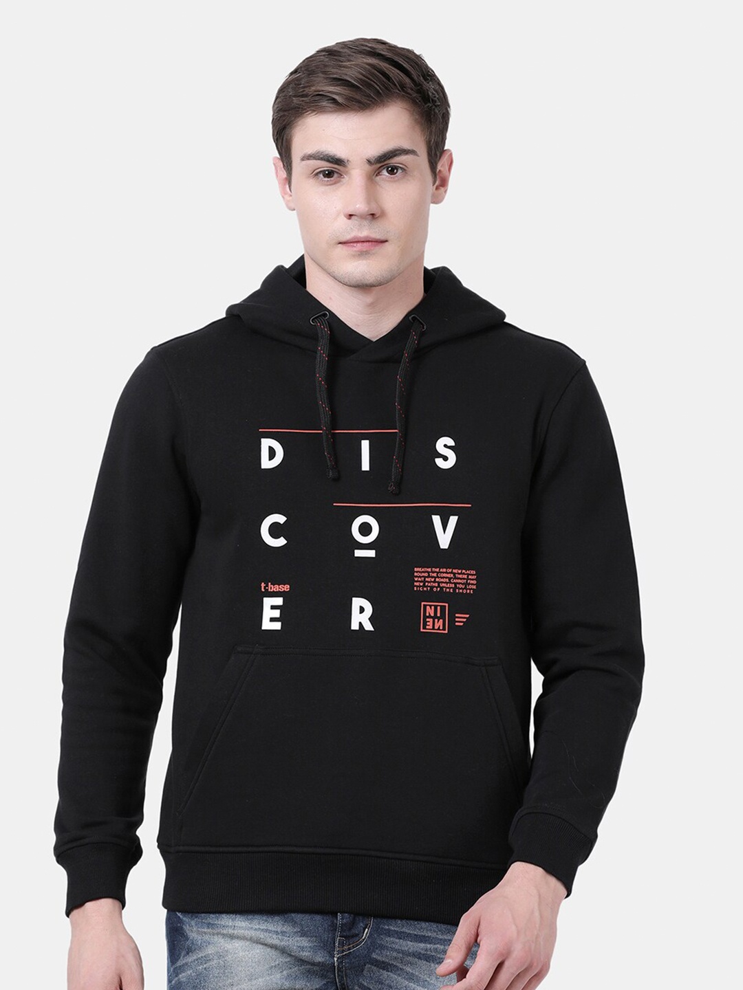 

t-base Men Black Printed Hooded Sweatshirt