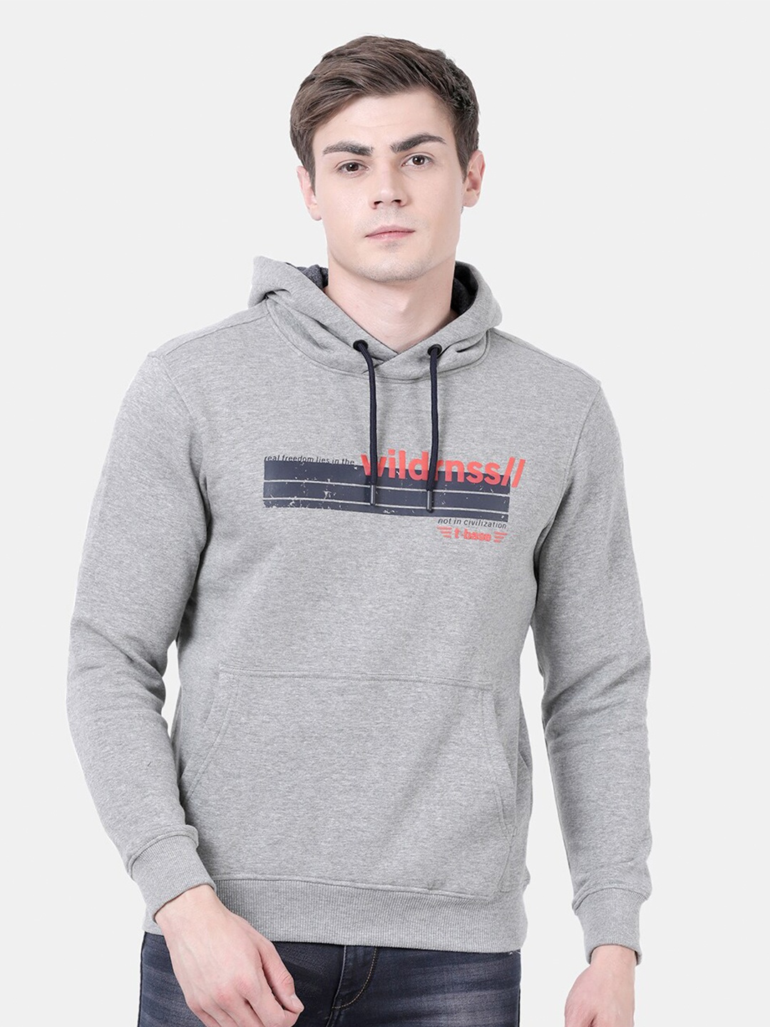 

t-base Men Grey Printed Detachable Hood Sweatshirt