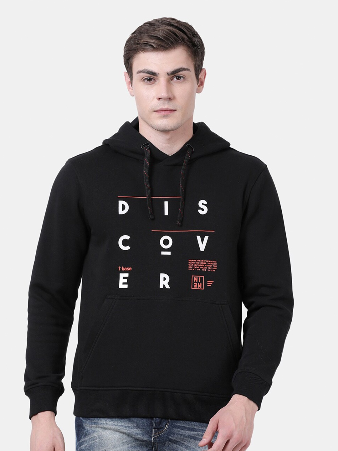 

t-base Men Black Printed Hooded Sweatshirt