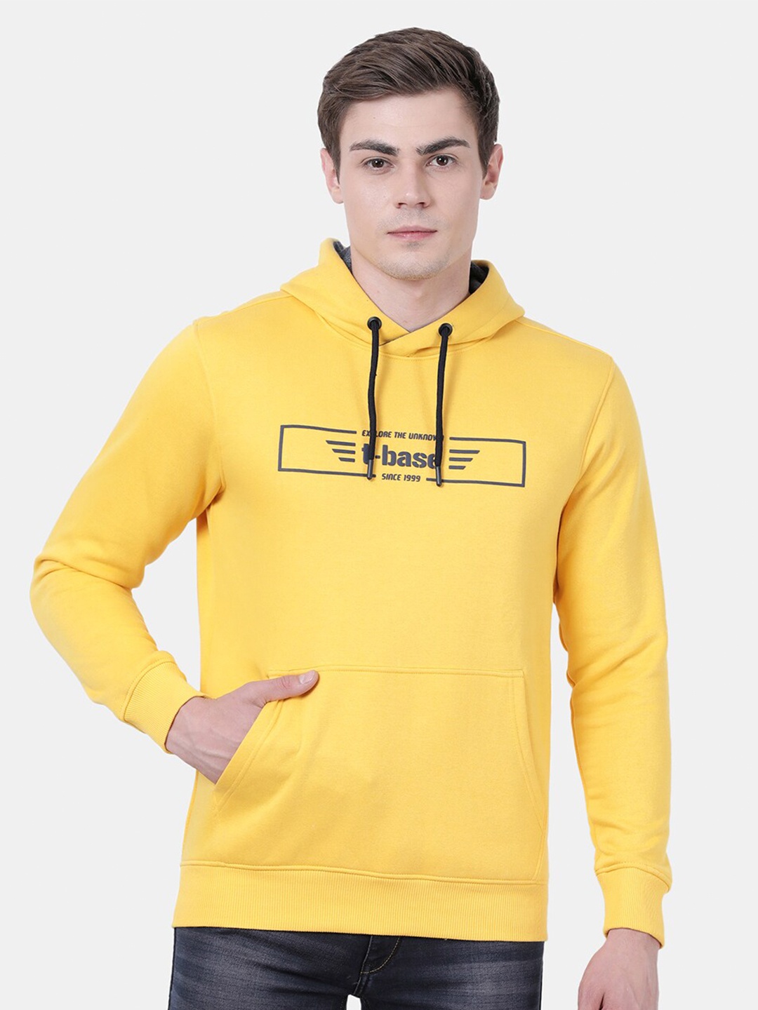 

t-base Men Yellow Printed Detachable Hood Sweatshirt