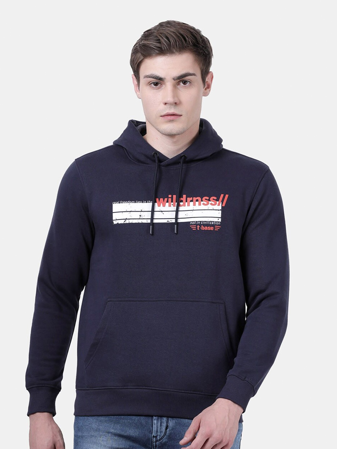 

t-base Men Blue Printed Detachable Hood Sweatshirt