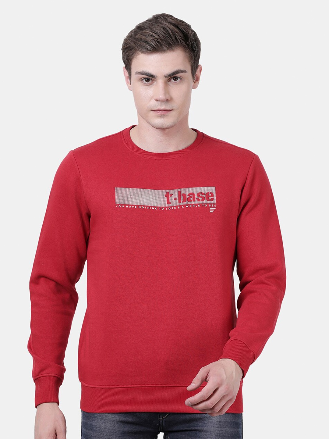 

t-base Men Red & White Printed Sweatshirt