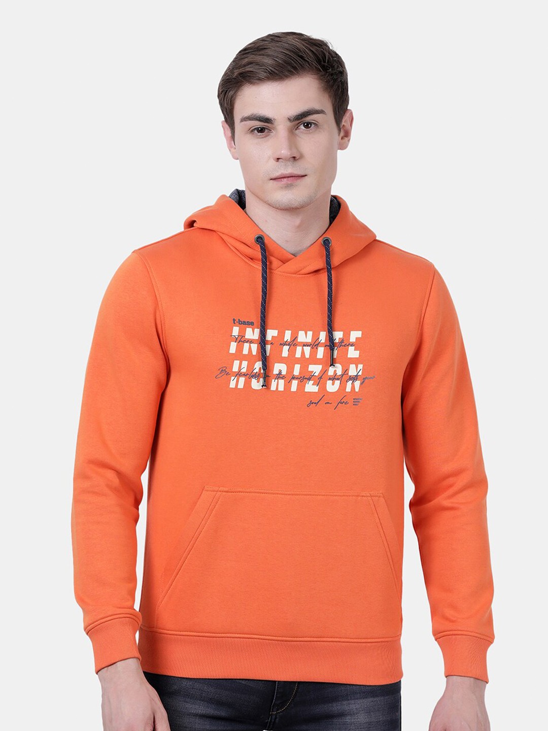

t-base Men Orange & White Printed Hood Sweatshirt