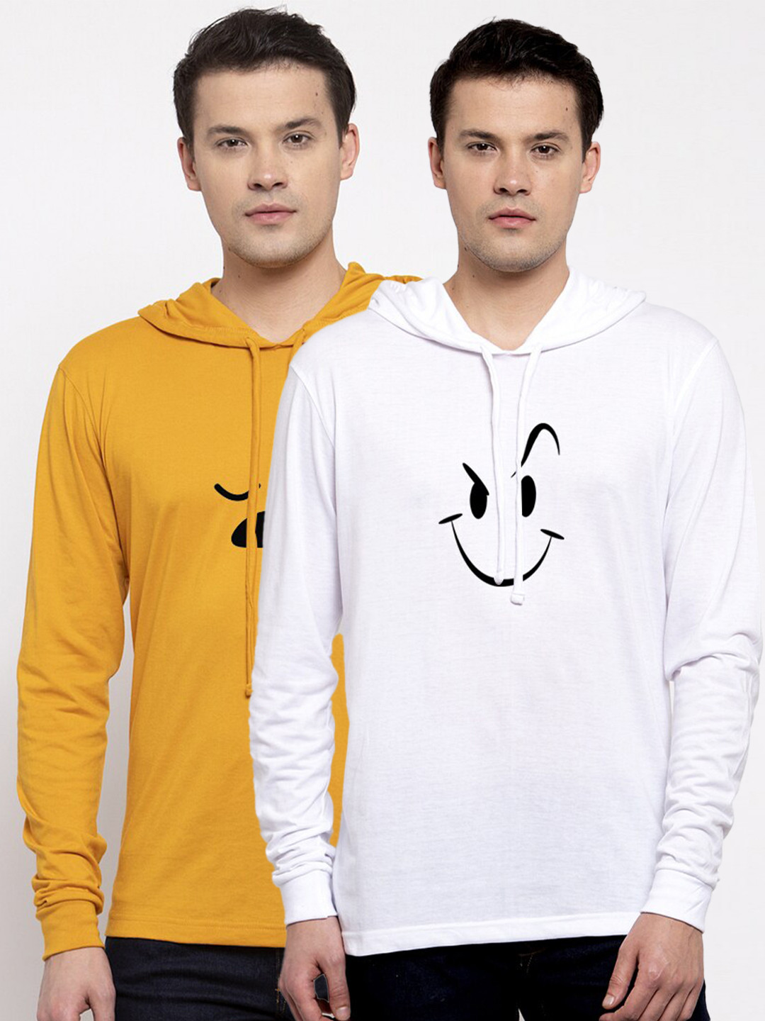 

Friskers Men Pack Of 2 Printed Pure Cotton Hooded T-shirts, Mustard