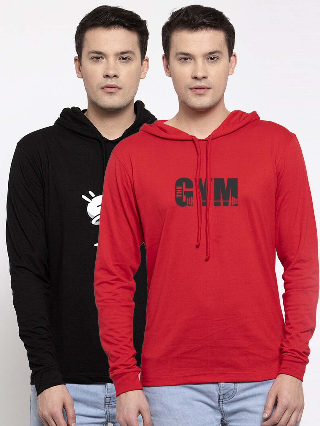 

Friskers Men Pack Of 2 Printed Pure Cotton Hooded T-shirts, Black