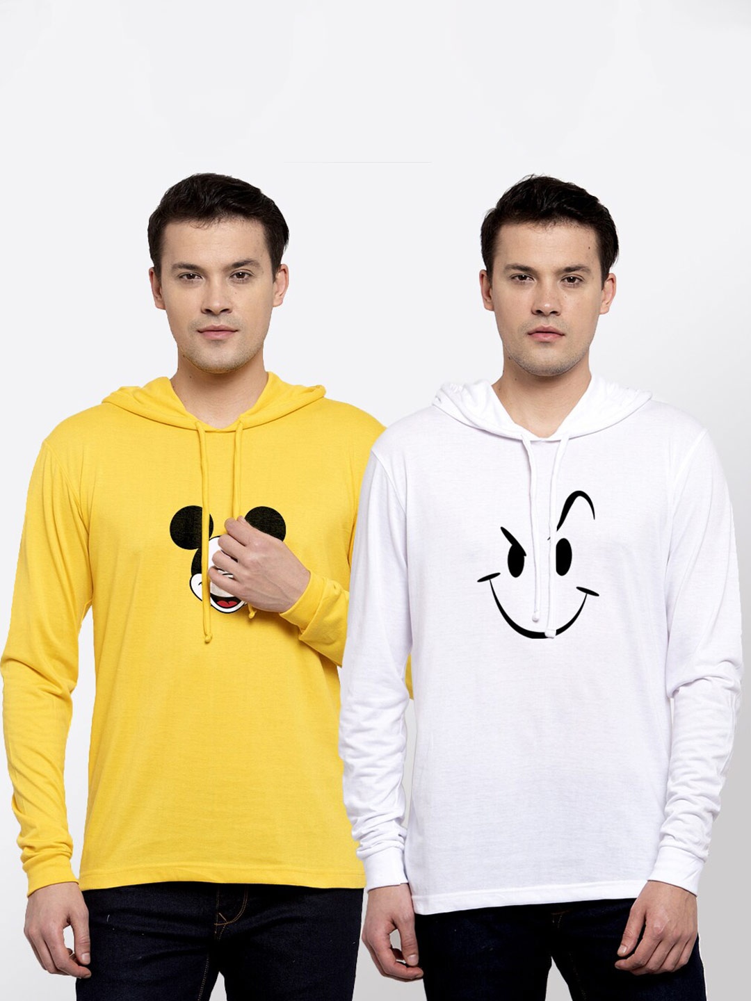 

Friskers Men Pack Of 2 Printed Pure Cotton Hooded T-shirts, Yellow