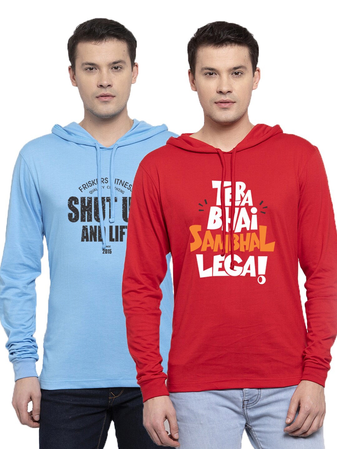 

Friskers Men Pack Of 2 Printed Pure Cotton Hooded T-shirts, Red