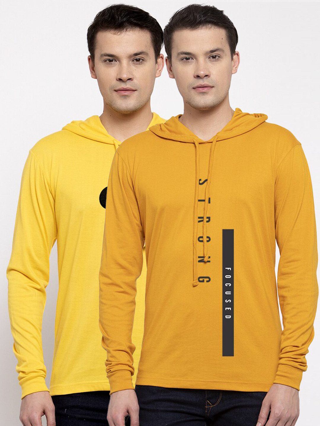 

Friskers Men Yellow & Mustard Yellow Pack Of 2 Printed Pure Cotton Raw Edge T-shirts