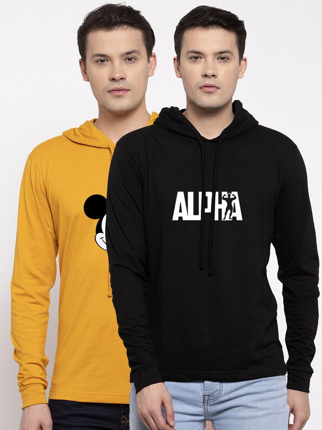 

Friskers Men Pack Of 2 Printed Pure Cotton Hooded T-shirt, Mustard