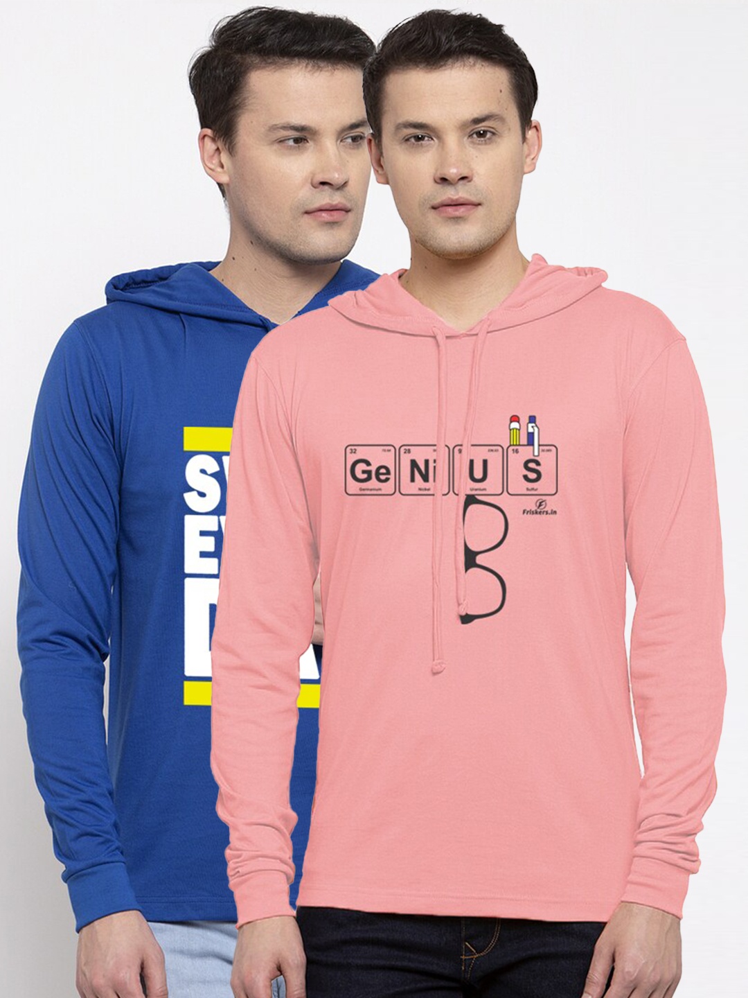 

Friskers Men Pack Of 2 Printed Pure Cotton Hooded T-shirts, Blue