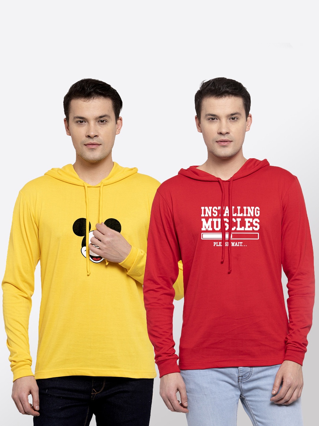 

Friskers Men Pack Of 2 Printed Pure Cotton Hooded T-shirts, Yellow