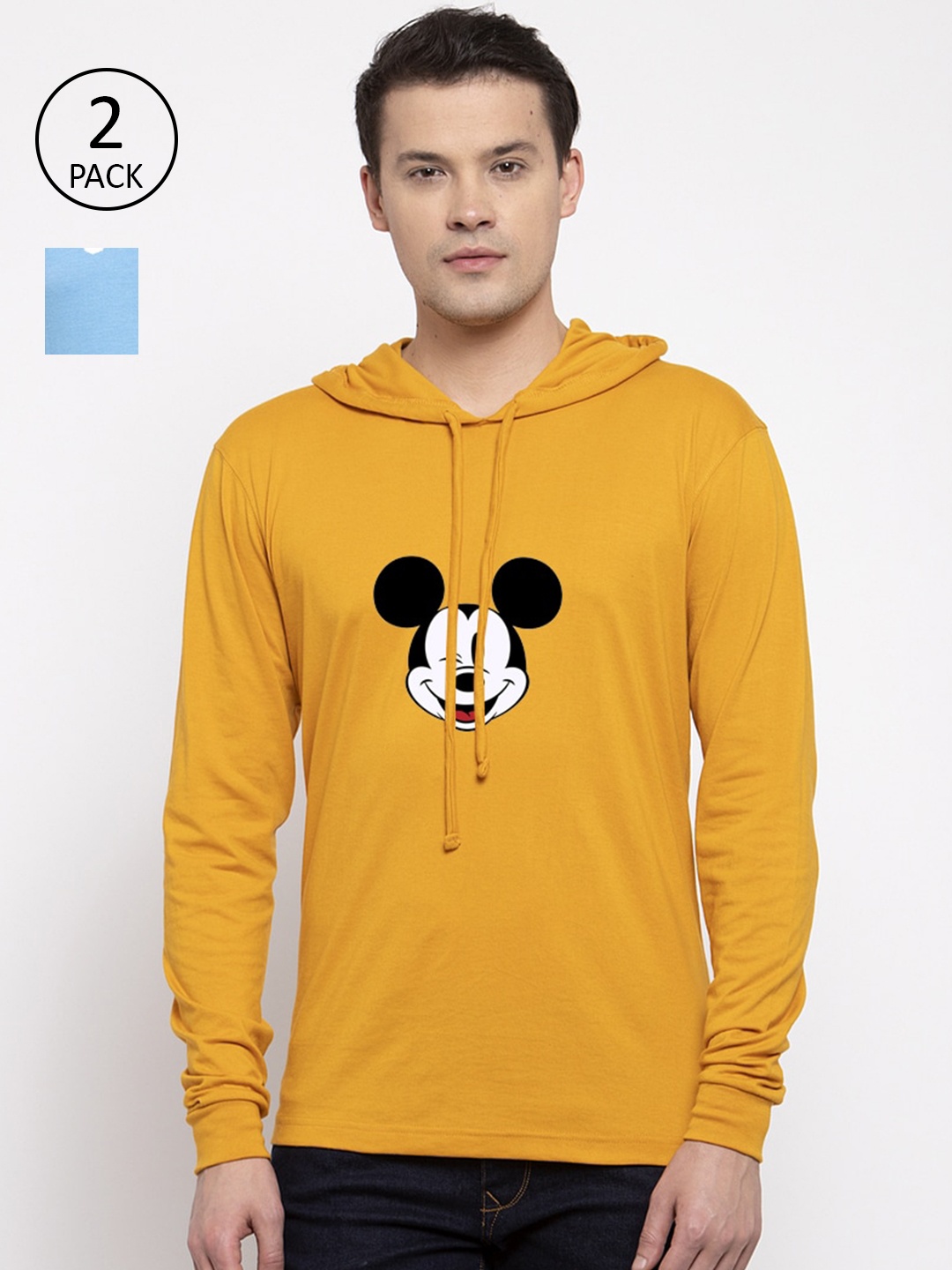 

Friskers Men Pack Of 2 Printed Pure Cotton Hooded T-shirts, Mustard