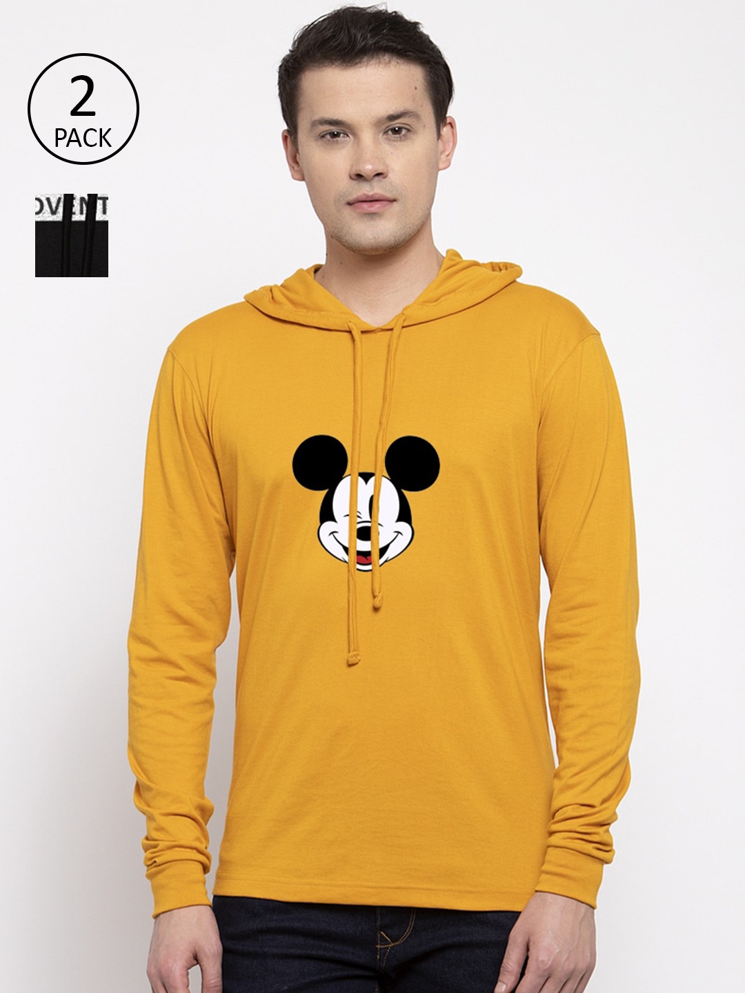 

Friskers Men Pack Of 2 Printed Pure Cotton Hooded T-shirts, Mustard