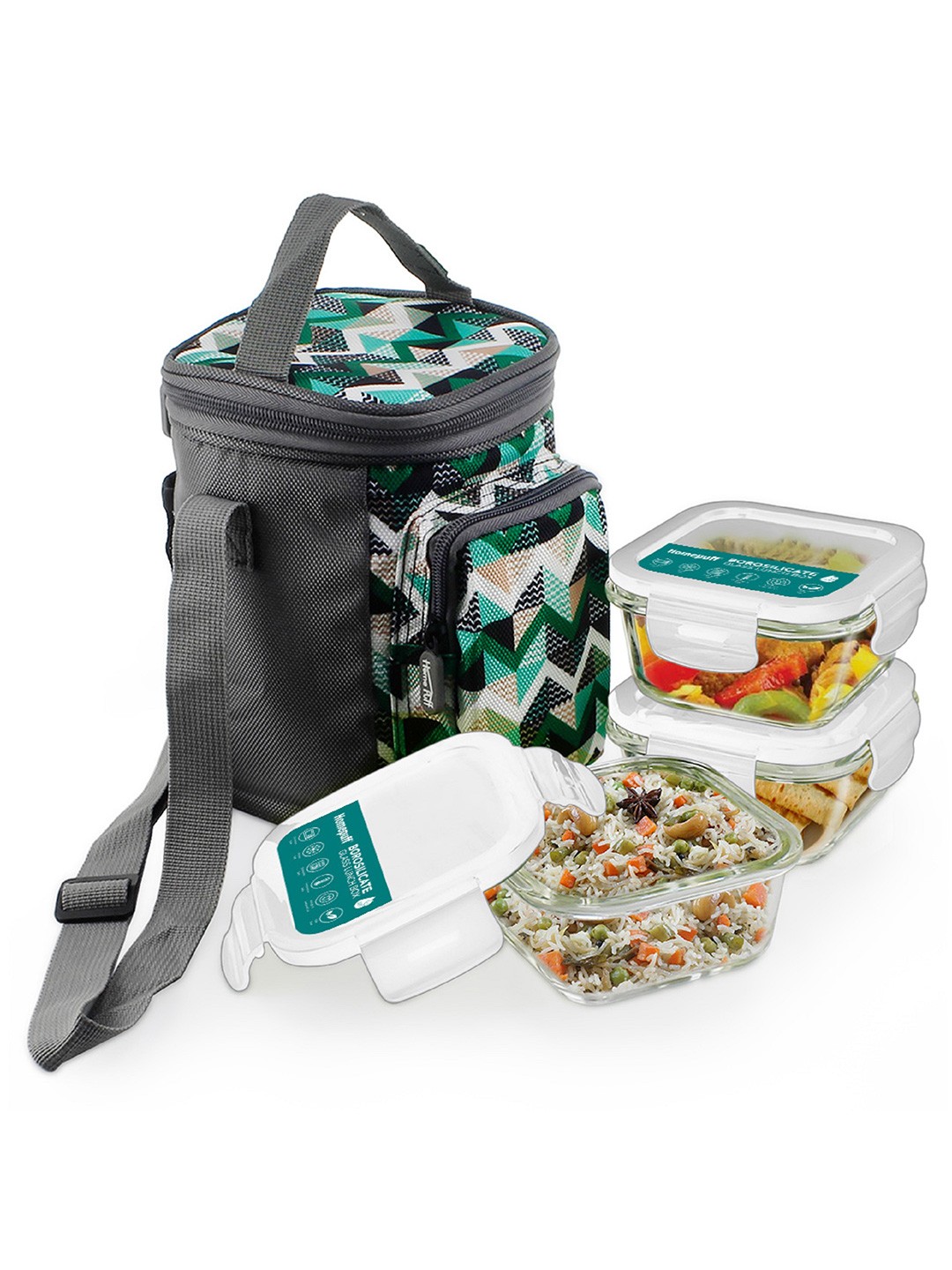 

Home Puff Set of 3 Green & Transparent Borosilicate Glass Lunch Box 690 ML