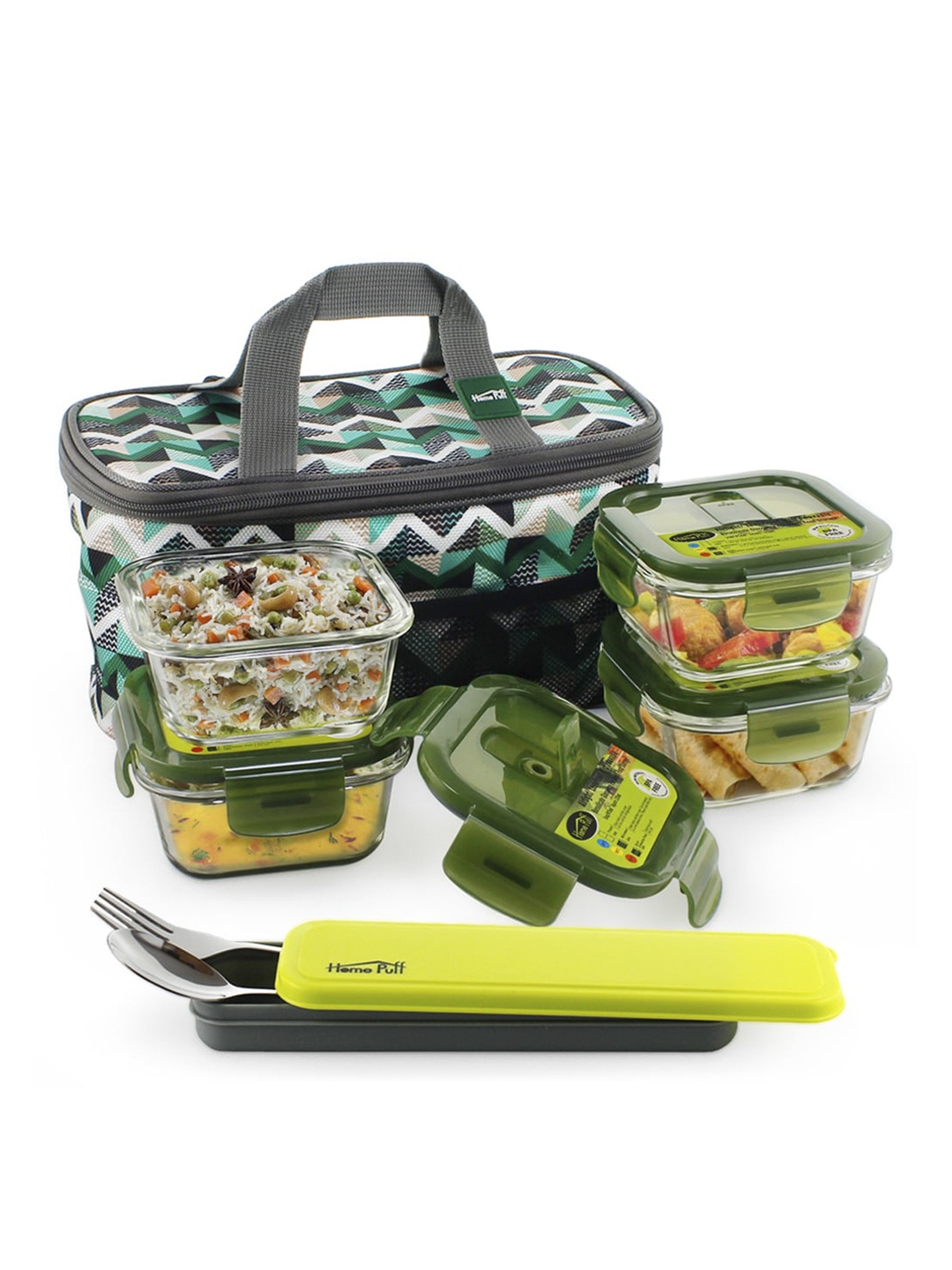 

Home Puff Set Of 4 Green Transparent Lunch Boxes With Spoon 1280ml