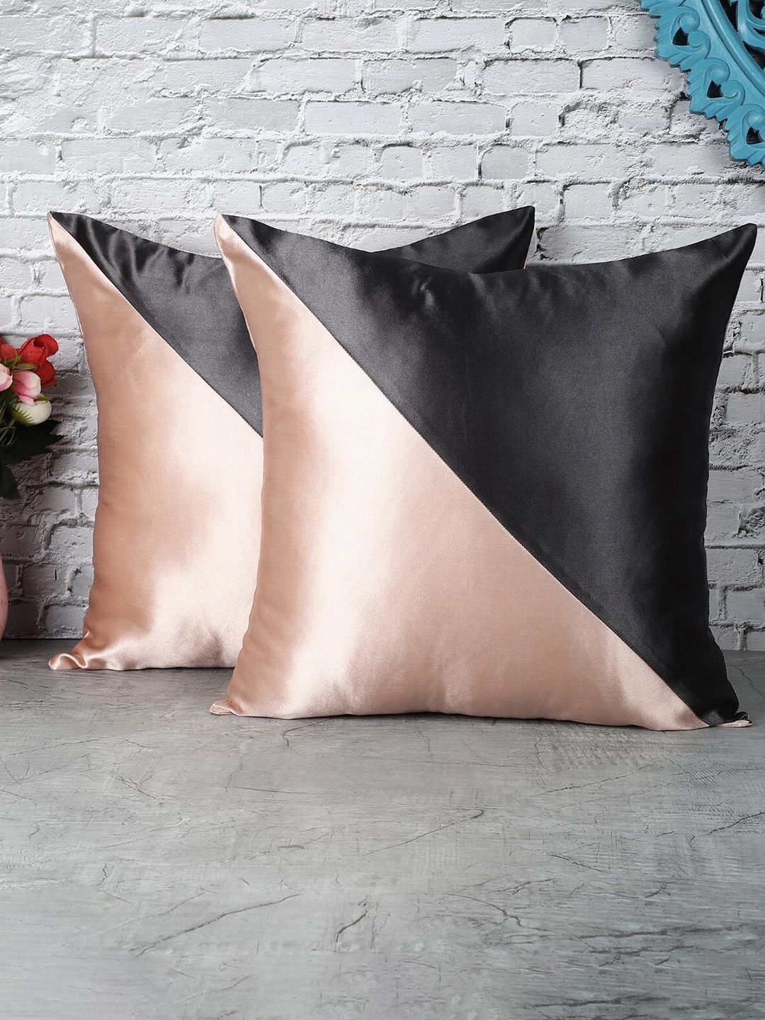 

The Decor Mart Pink & Black Set of 2 Colourblocked Satin Square Cushion Covers