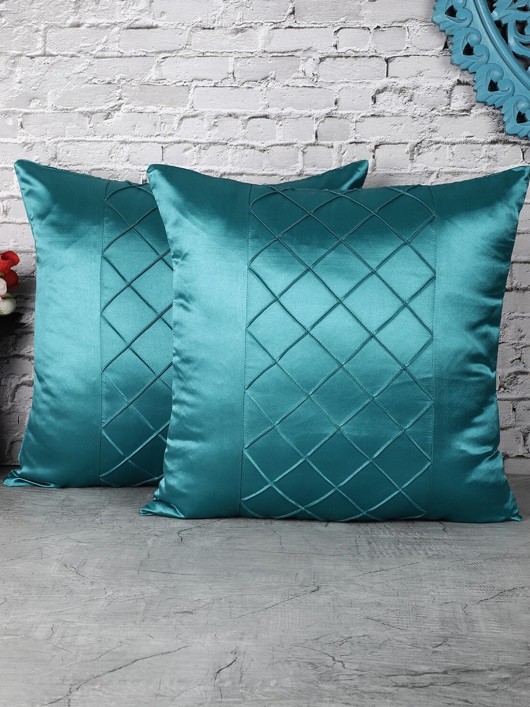 

The Decor Mart Set of 2 Turquoise Blue Satin Square Cushion Covers