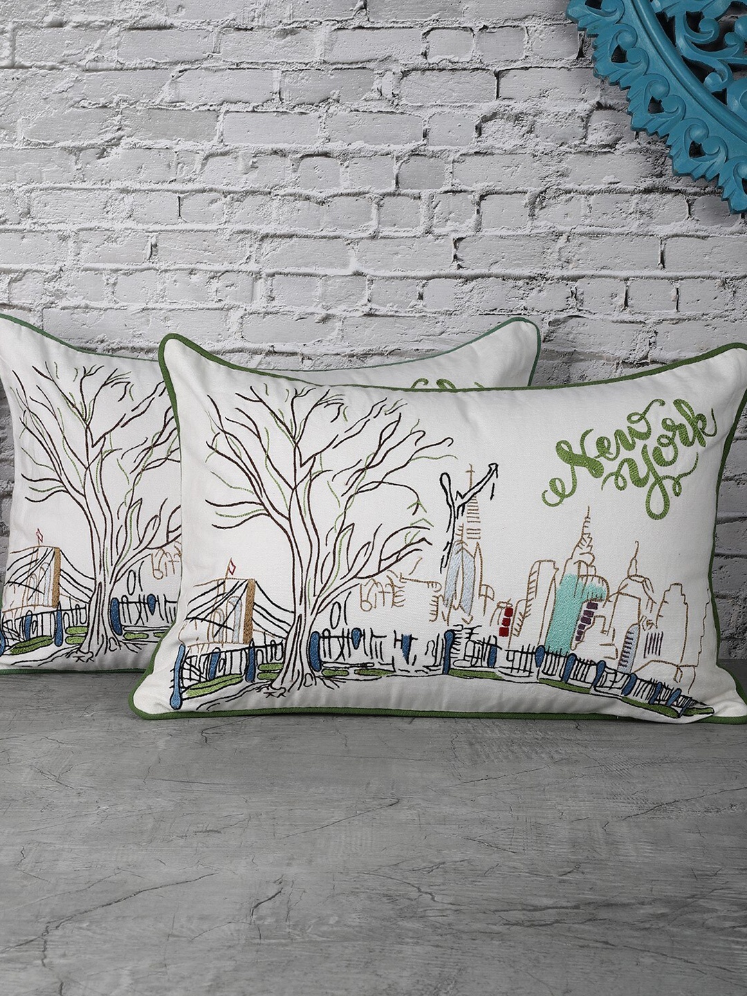 

The Decor Mart White & Green Set of 2 Embroidered Square Cushion Covers