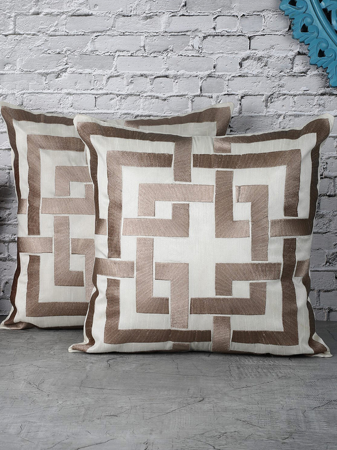 

The Decor Mart White & Beige Set of 2 Geometric Satin Square Cushion Covers