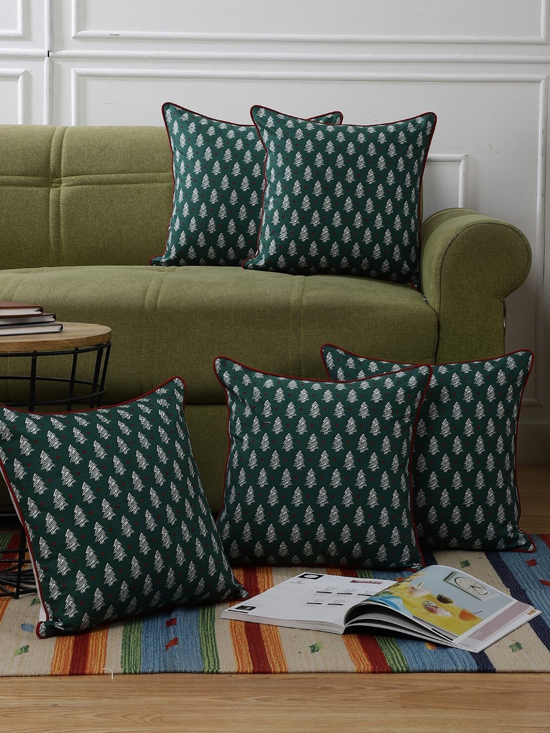 

The Decor Mart Set Of 5 Green & White Ethnic Motifs Printed Cotton Square Cushion Covers