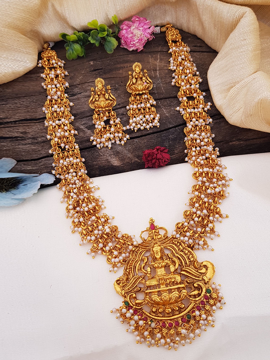 

GRIIHAM Gold-Plated Pink & White AD-Studded & Pearls Beaded Antique Temple Jewellery Set