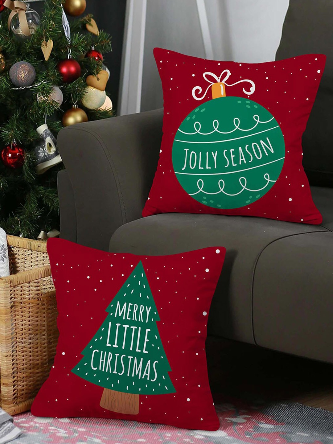 

TIED RIBBONS Set Of 2 Red & Green Christmas Decoration Square Cushion Covers Gift Set
