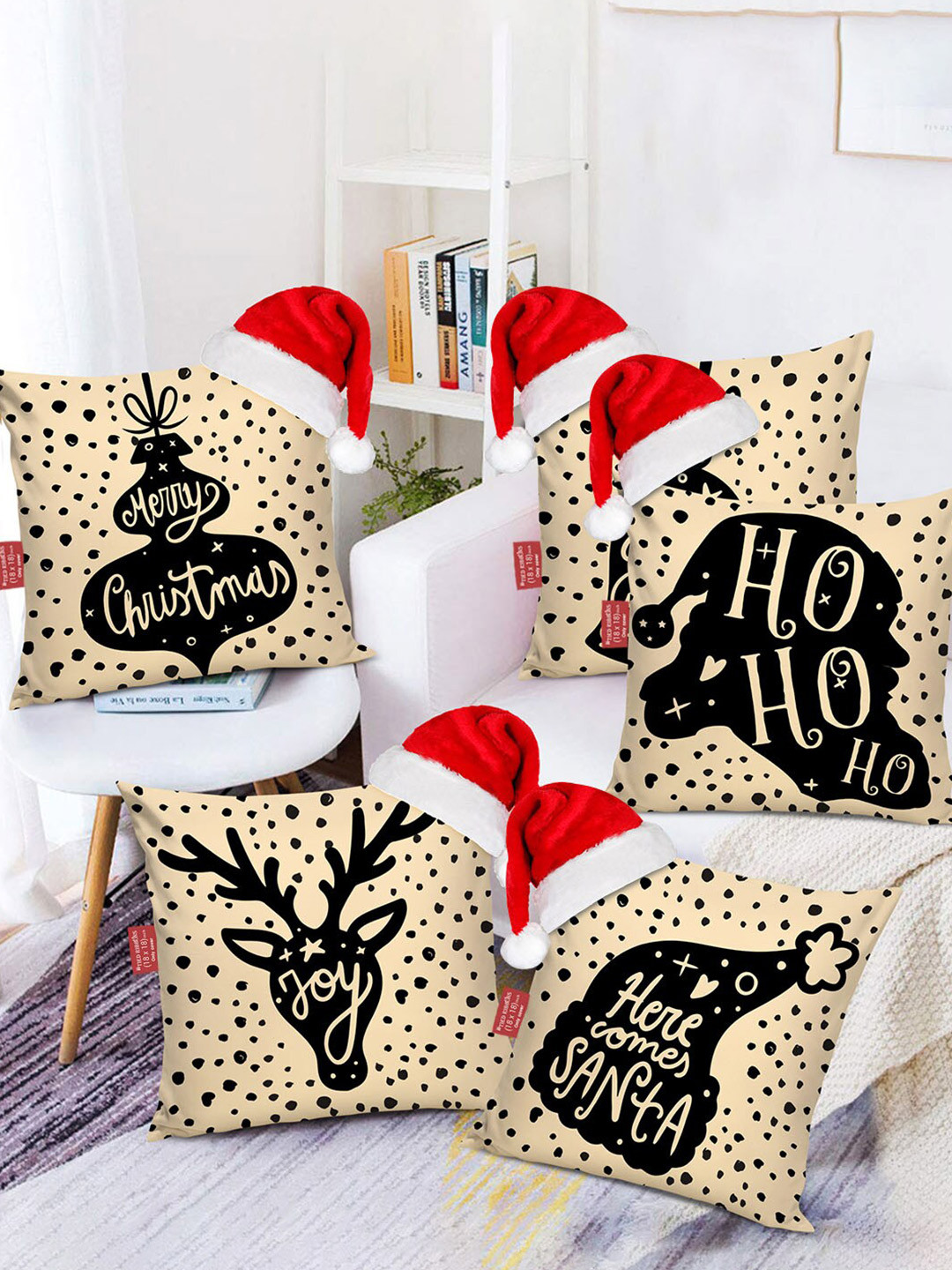 

TIED RIBBONS Set of 5 Beige & Black Quirky Square Cushion Covers with Santa Caps
