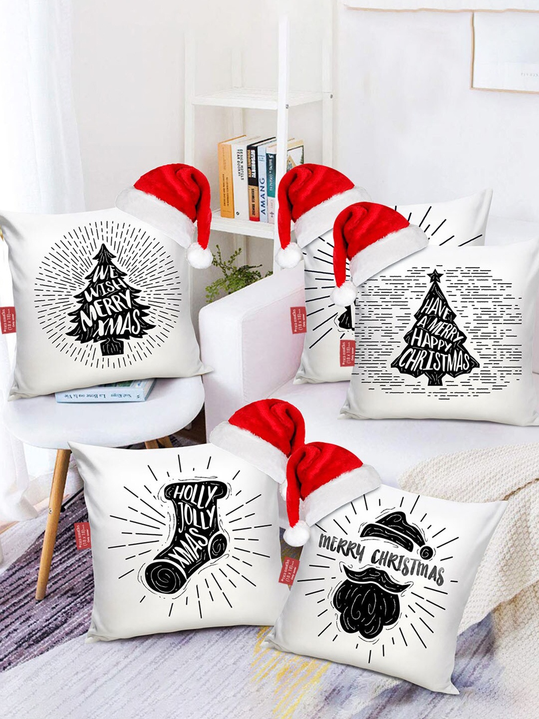 

TIED RIBBONS White & Black Set of 5 Square Cushion Covers