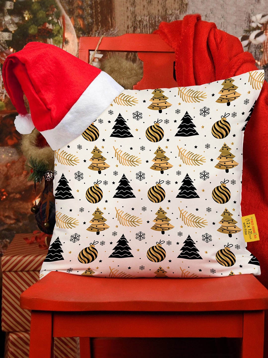 

TIED RIBBONS White & Yellow Christmas Printed Cushion Cover With Filler & Santa Cap