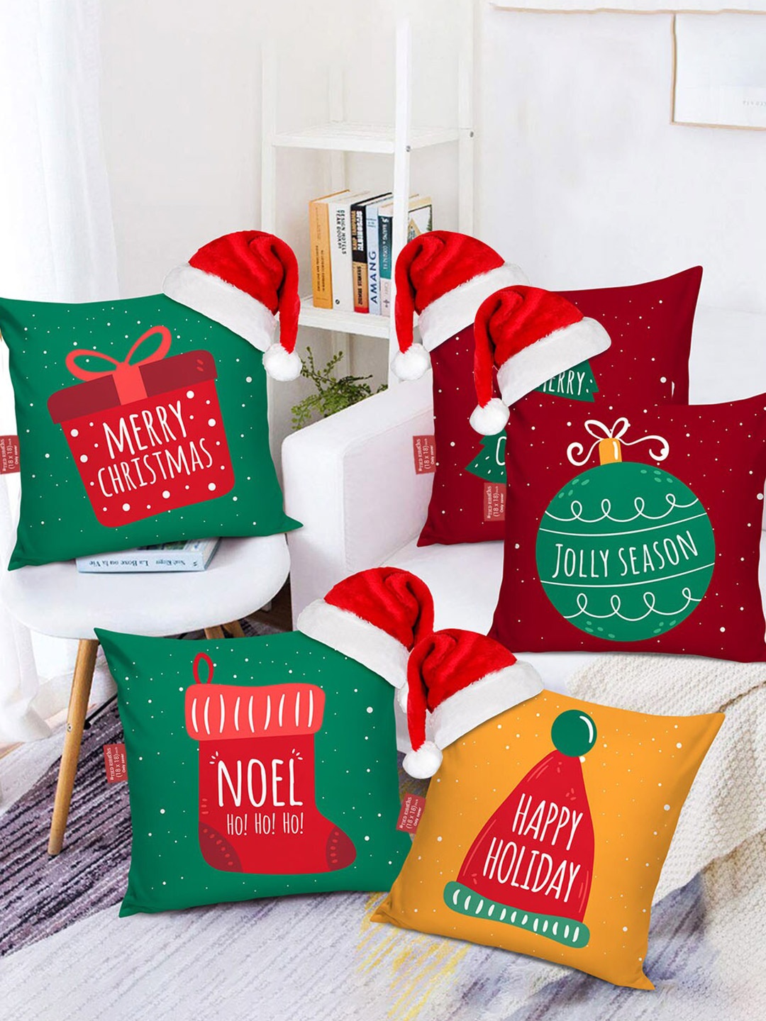 

TIED RIBBONS Multicoloured Set of 5 Printed Square Cushion Covers With Santa Caps Gift Set, Multi