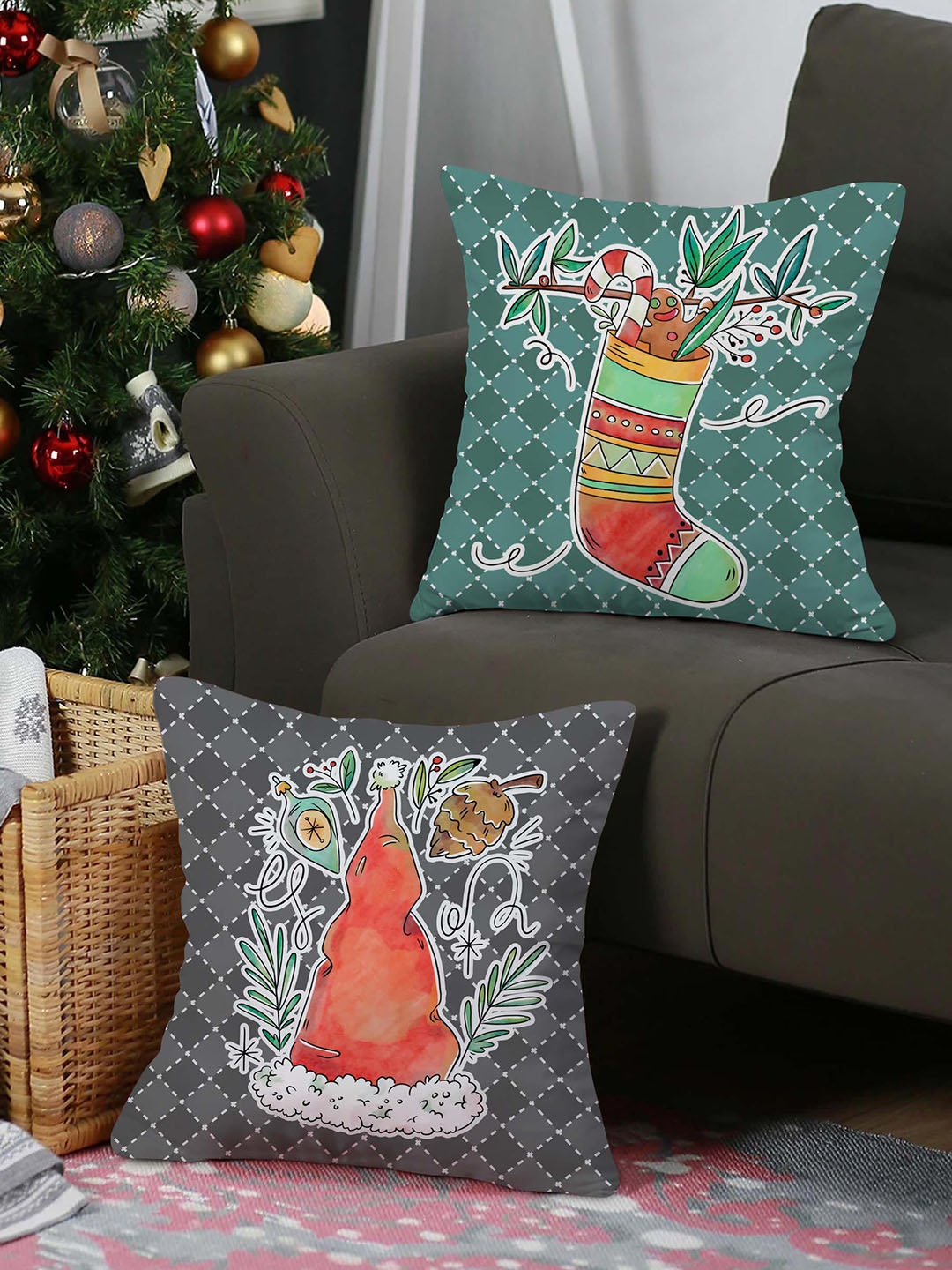 

TIED RIBBONS Green & Grey Set of 2 Ethnic Motifs Square Cushion Covers