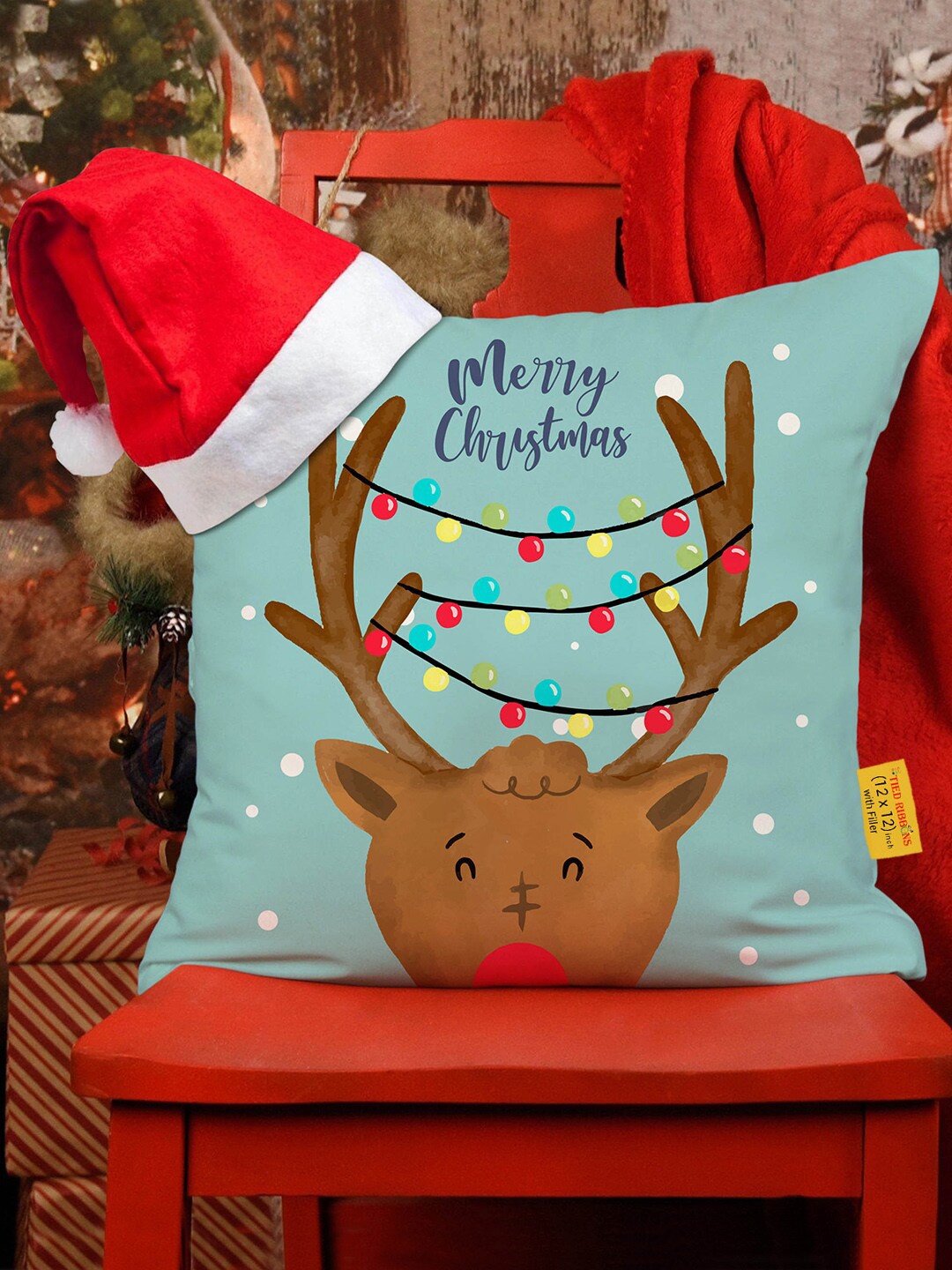 

TIED RIBBONS Multi Christmas Printed Cushion Cover With Filler & Santa Cap