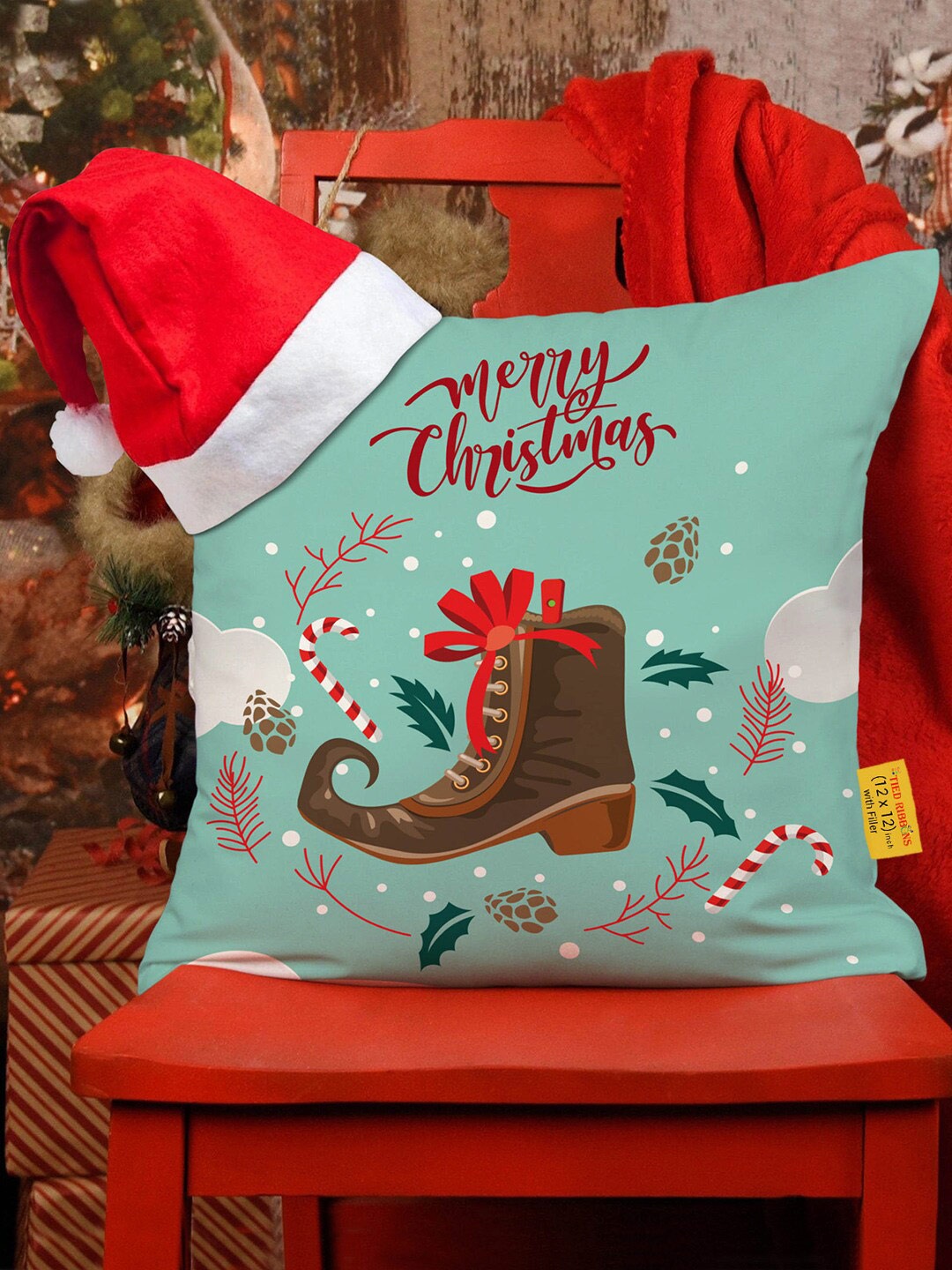 

TIED RIBBONS Sea Green & White Christmas Printed Cushion Cover With Filler & Santa Cap