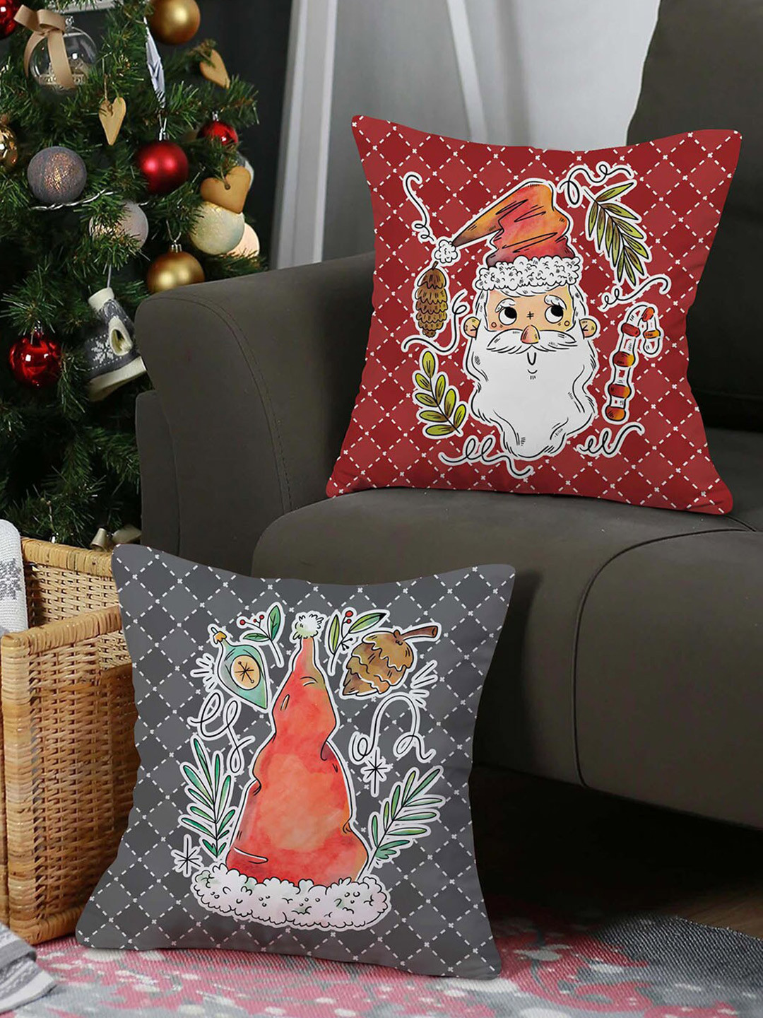 

TIED RIBBONS White & Red Set of 2 Ethnic Motifs Square Christmas Cushion Covers