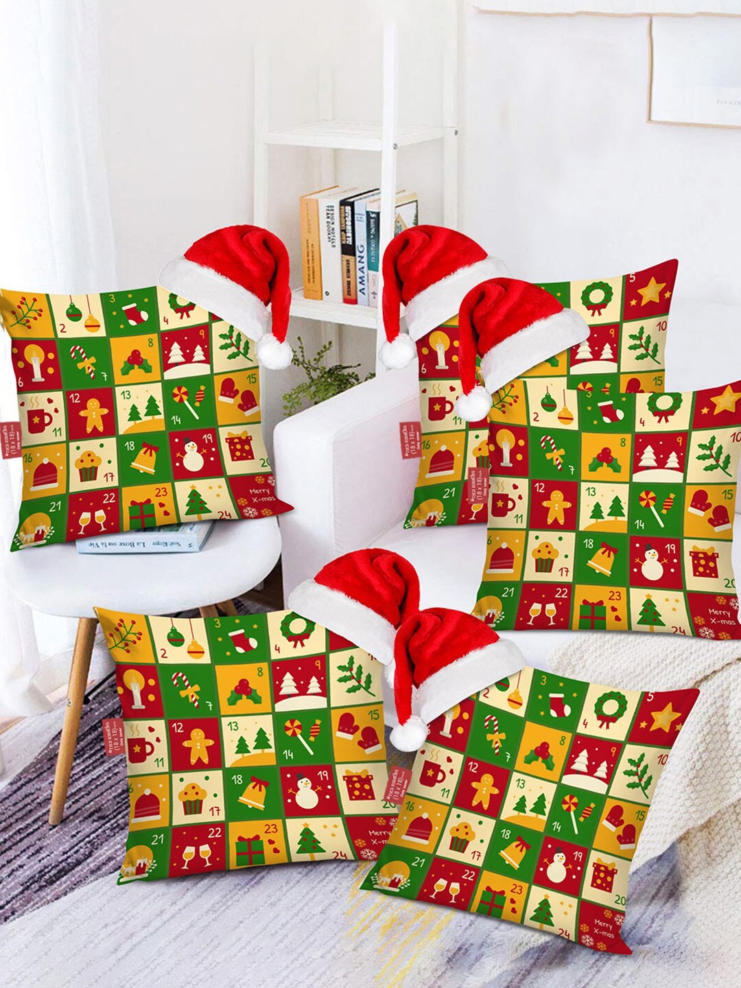 

TIED RIBBONS Red & Green Set of 5 Geometric Square Cushion Covers