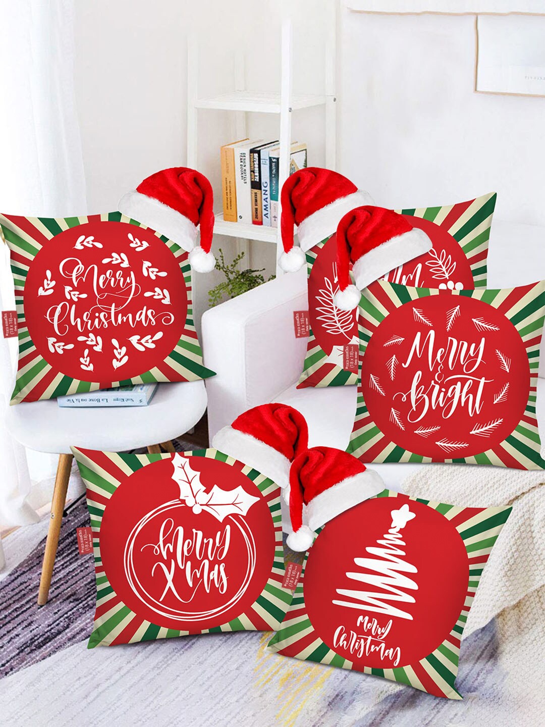 

TIED RIBBONS Set of 5 White & Red Christmas Square Cushion Covers with Santa Caps